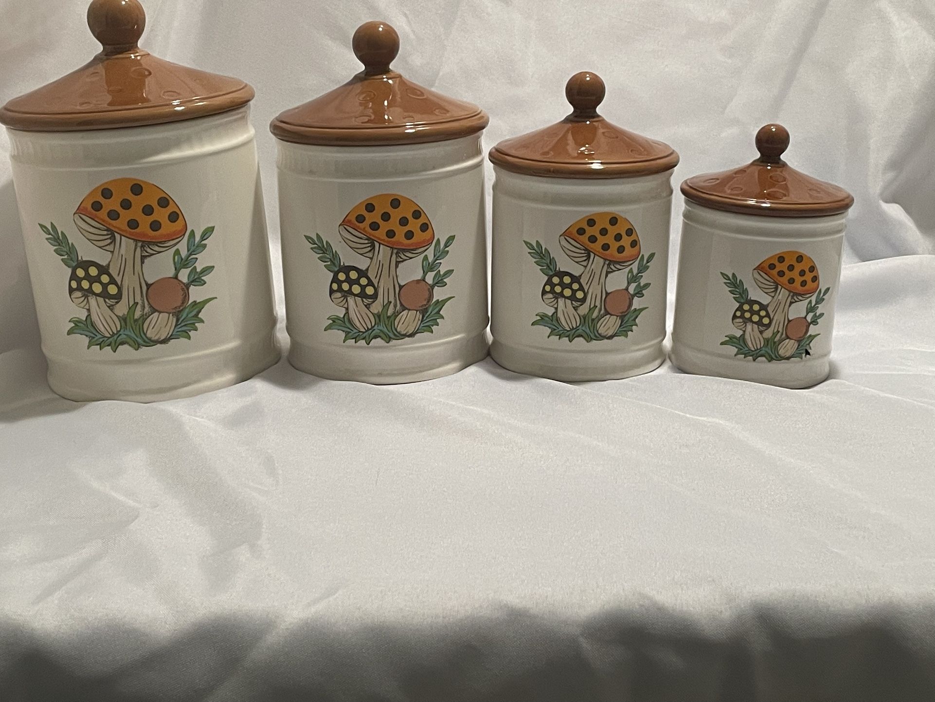 Vintage 1982 Sears Roebuck Merry Mushroom Canister Set.