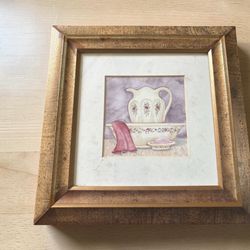 Vintage Framed Watercolor Art - Floral Wash Pitcher & Basin