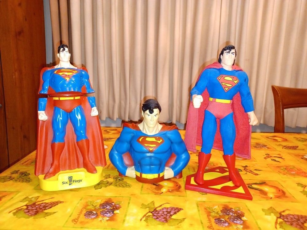 3 SUPERMAN DISPLAYS SIX FLAGS SOUVENIR CUP BANK BUST 12" FIGURE $25