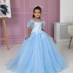 Puffy Light Blue Girls Dress. Wedding, Flower Girl, Any Occasion.  Glittered 