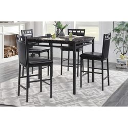 Brand New Gray Faux Marble Metal Counter High Dining Table (40 x 40 x 36H) + 4 Chairs