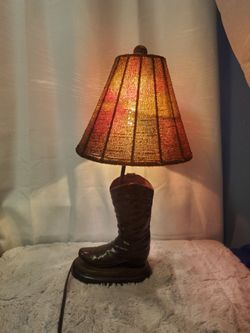 Vintage Western Cowboy Boot Table Lamp W/ Beaded Shade & Stained Glass Bulb Approx 22" Tall