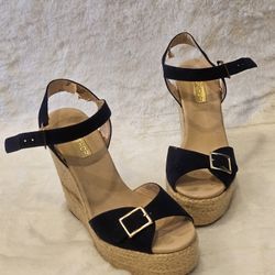 Topshop Navy Black Espadrille Platform Wedges Sandal Sz 36