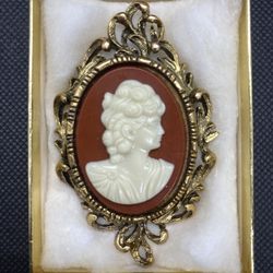 Vintage Cameo Brooch Ornate Frame Gold Chain Tassel Art Nouveau Style