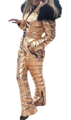 Metallic Gold Puffer Ski Suit with Fur Collar