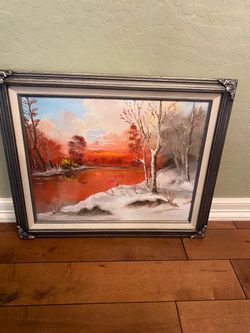 Vintage signed framed oil on canvas painting of winter sunset by a river. Wood frame. 21 x 24 inch.