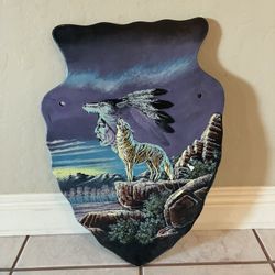 Vintage Wooden Arrowhead Native American/ Wolf Sign. Signed. Hand Painted. 14x21