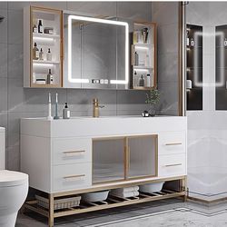 48IN Bathroom Vanity with Sink - Bathroom Vanity with 4 Drawers, Intelligent Defogging Mirror Cabinet & LED Lights