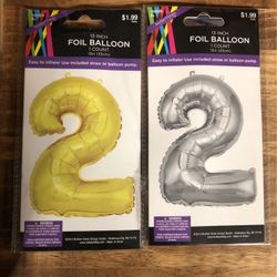 2 number two small foil balloons