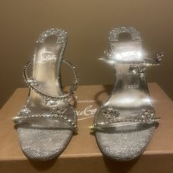  CHRISTIAN LOUBOUTIN Just Queen 100 crystal-embellished PVC mules Silver   IT38