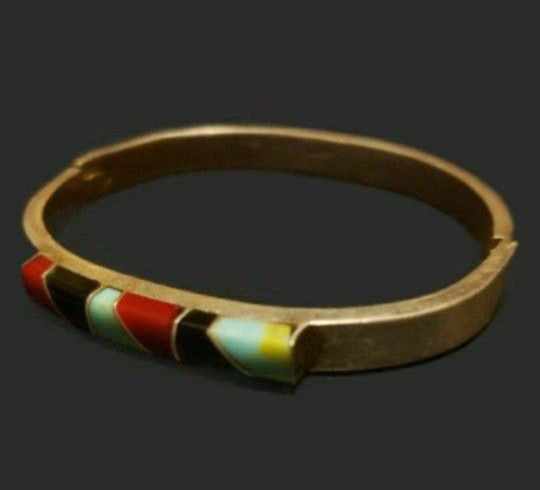 Amazing genuine Alpaca silver hinged bracelet with turquoise and carnelian. Size is Woman's 7- 7.5.