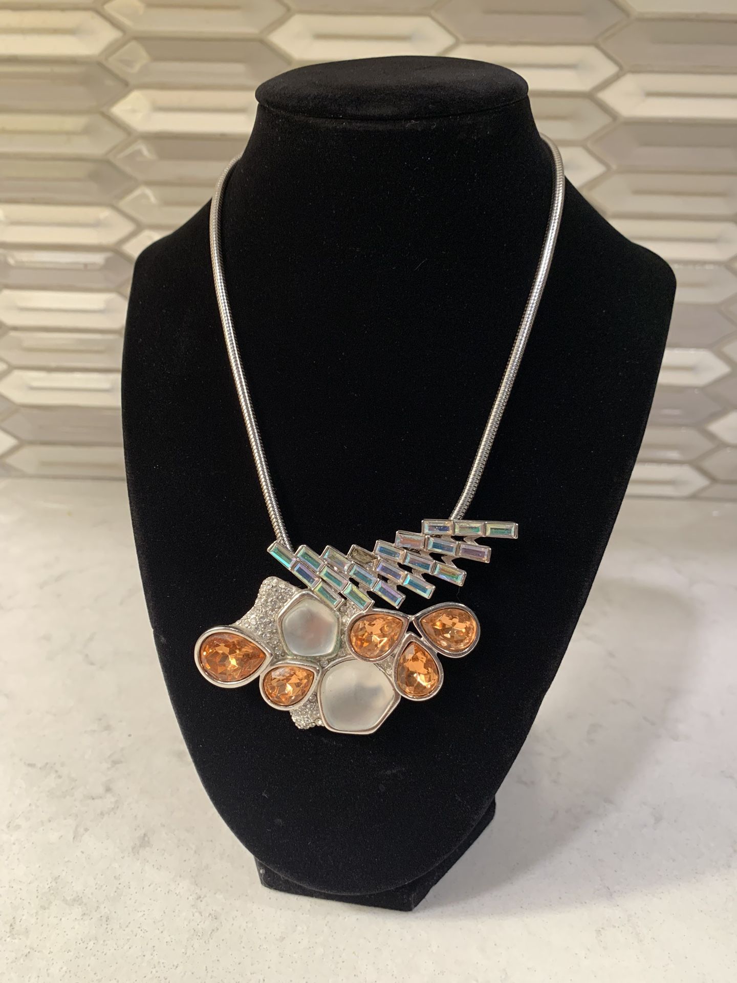 Monet signed brooch vtg 80’s YSL era pendant Necklace Amber & Clear Rhinestones