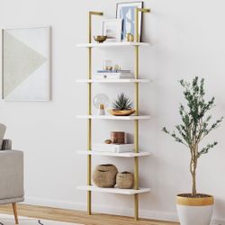 Modern 5-Shelf Bookcase Wall Mount Industrial Metal Frame White/Gold