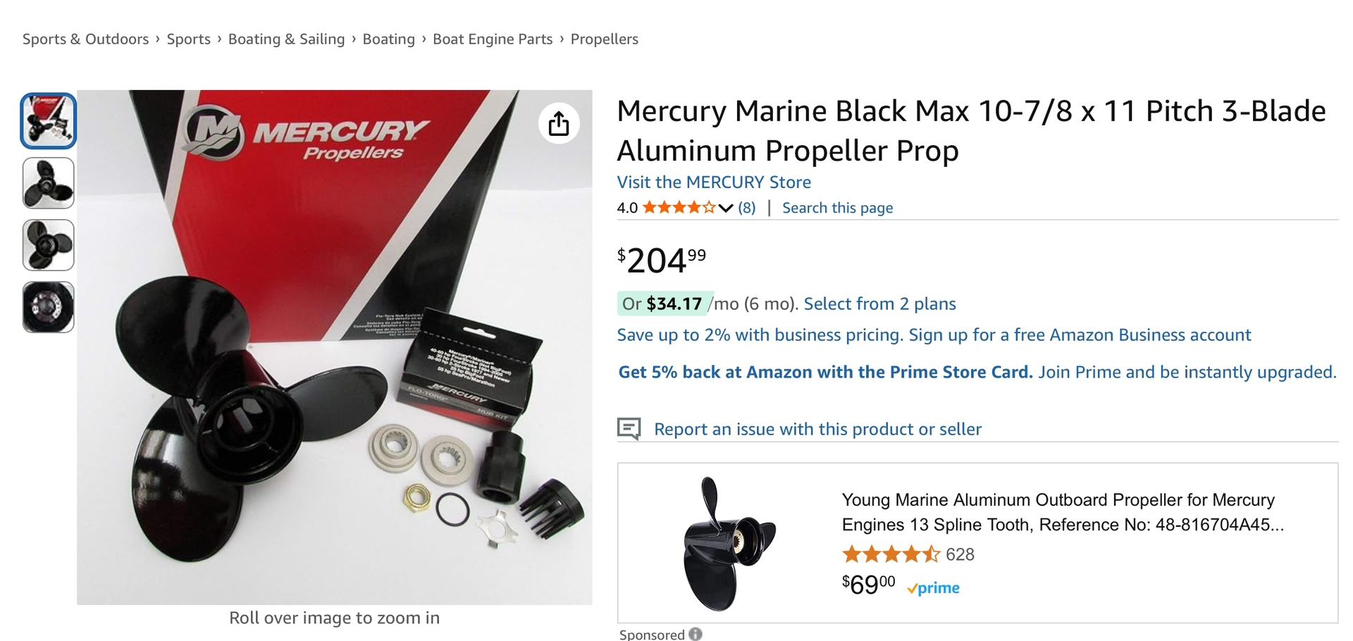 Mercury Marine Black Max 10-7/8x11 Pitch 3 Blade Aluminum Propeller Prop NEW In BOX. $100
