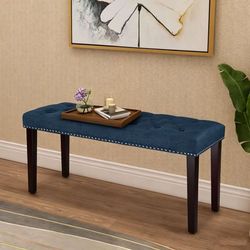 37.8in Blue Tufted Upholstered Bench with Nailhead Trim
