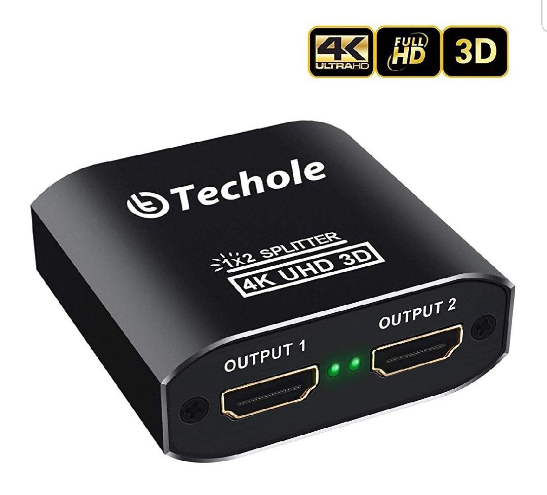 HDMI Splitter 1 In 2 Out - Techole 4K Aluminum Ver1.4 HDCP, Powered HDMI Splitter Supports 3D 4K@30HZ Full HD1080P