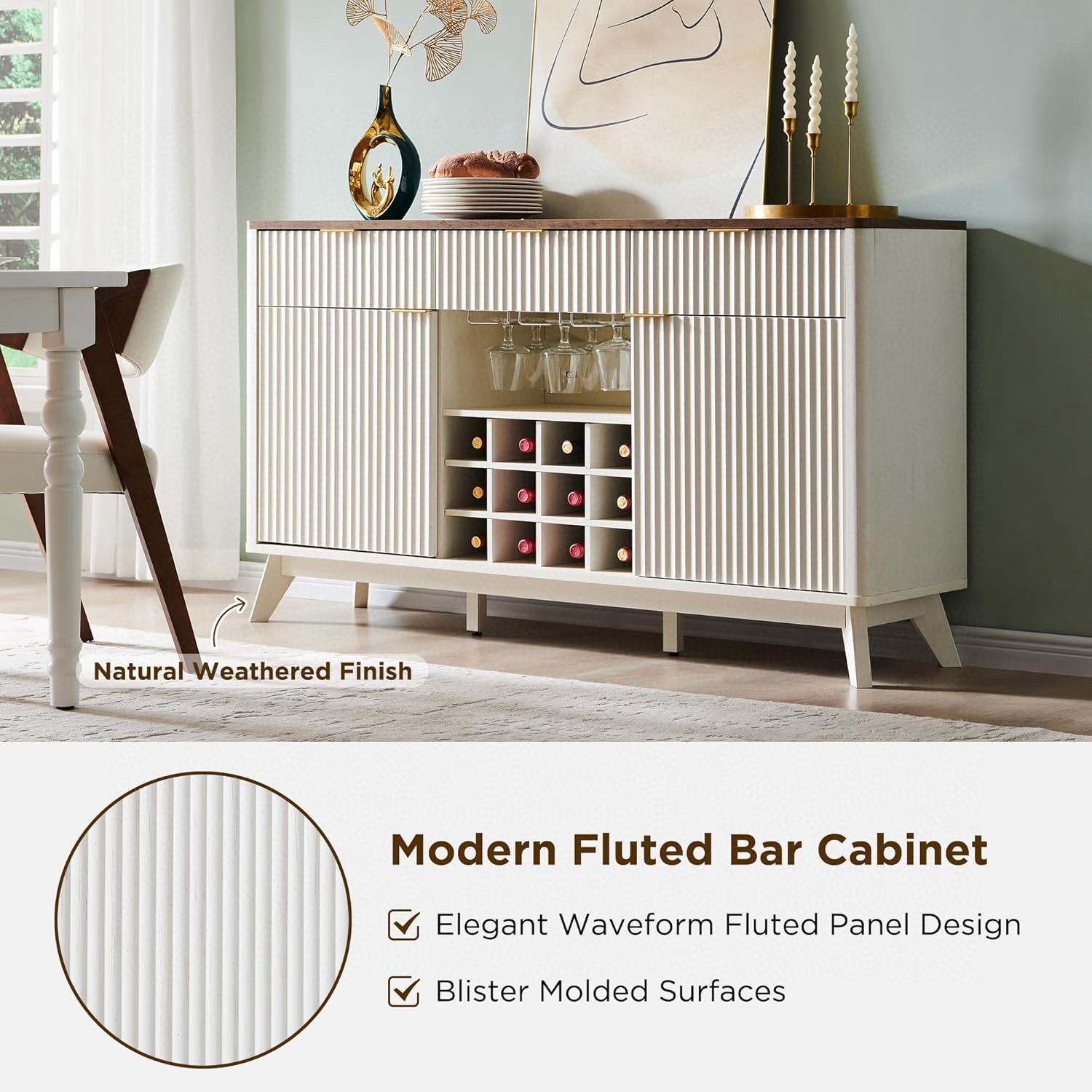 Fluted Wine Bar Cabinet for Liquor, 60" Modern Coffee Bar Cabinet with Wine & Glass Rack