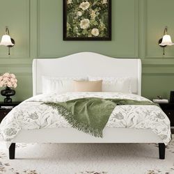 Queen Size Bed Frame with Elegant Wingback Headboard,Upholstered Platform Bed with Modern & Luxurious Design,Sturdy Wooden Slats,No Box Spr