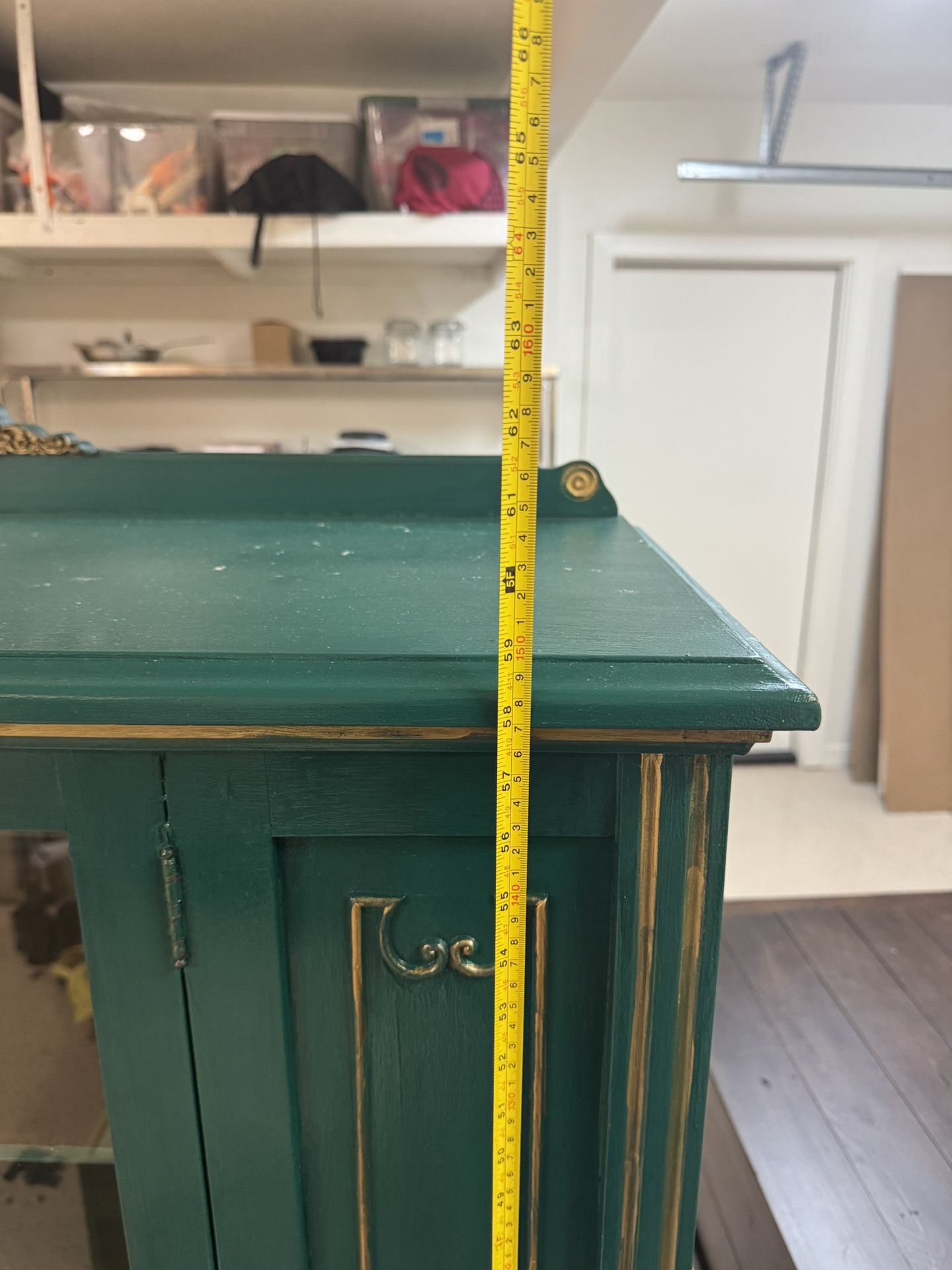 Vintage Glass Door Cabinet – Green with Gold Accents