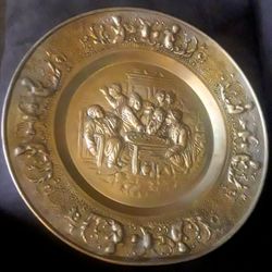 Vintage 17" Brass Embossed Wall Hanging Plate Made In Holland