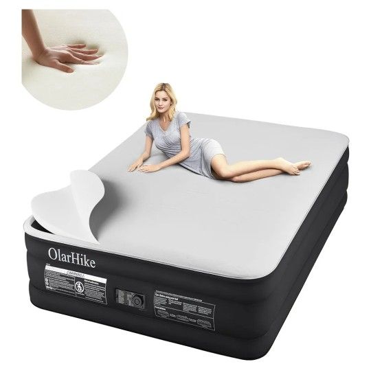 0078: OlarHike Signature Collection Queen Air Mattress with Built in Pump,18” Luxury Air Mattress with Silk Foam Topper for Camping, Home & Guests, Fa