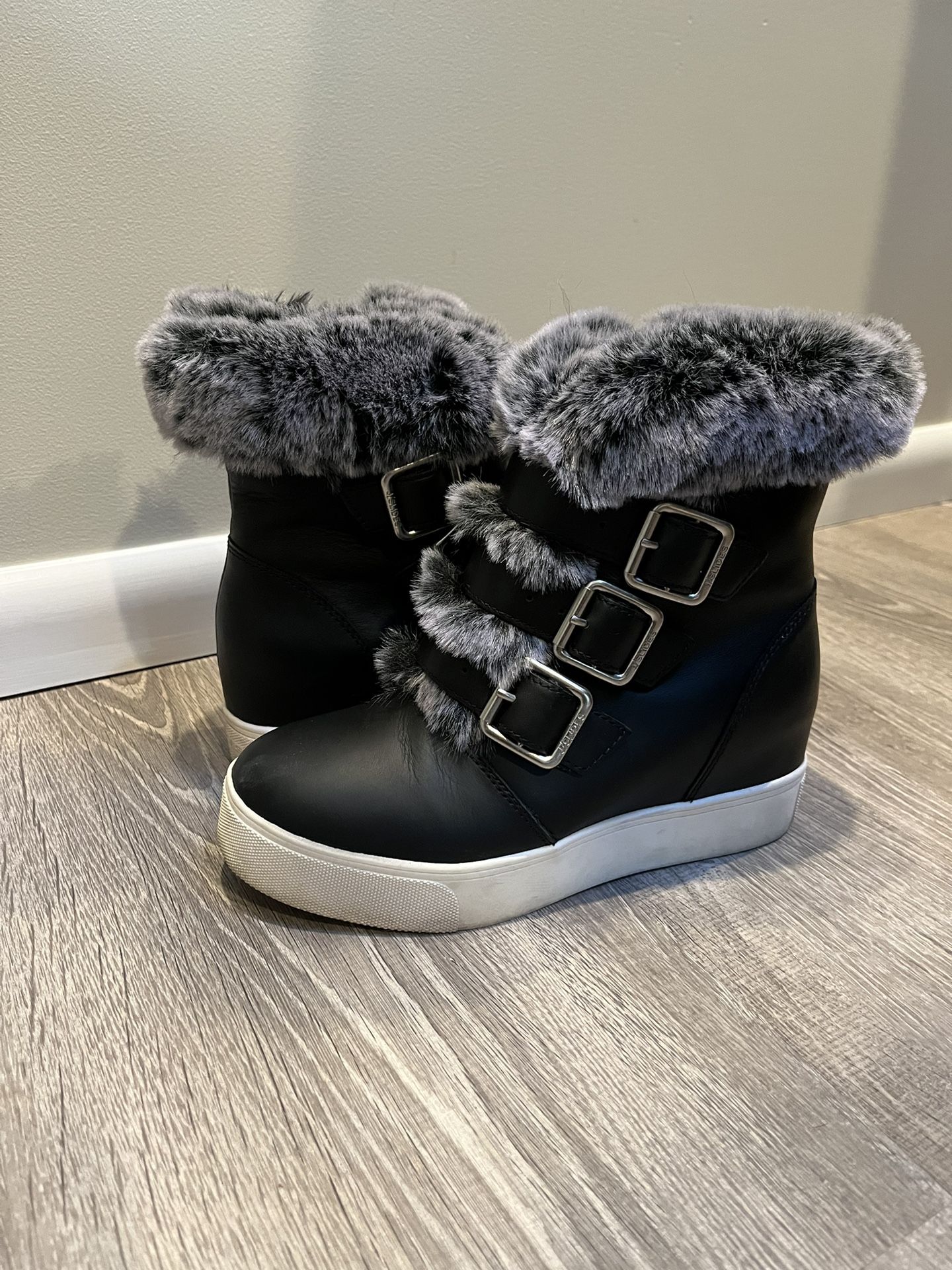 J/Slides NYC Black Buckle Boot With Faux Fur