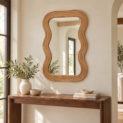 LuxenHome 39-Inch Tall Rectangular Natural Cork Wood Wavy Frame Accent Wall Mirror,A2153