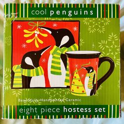 Cool Penguins 8 piece Christmas holiday hostess dish set with extra bonus mug