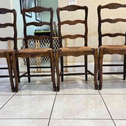Vintage French Ladder Back Set of 4 Rush Seat Dining Chairs