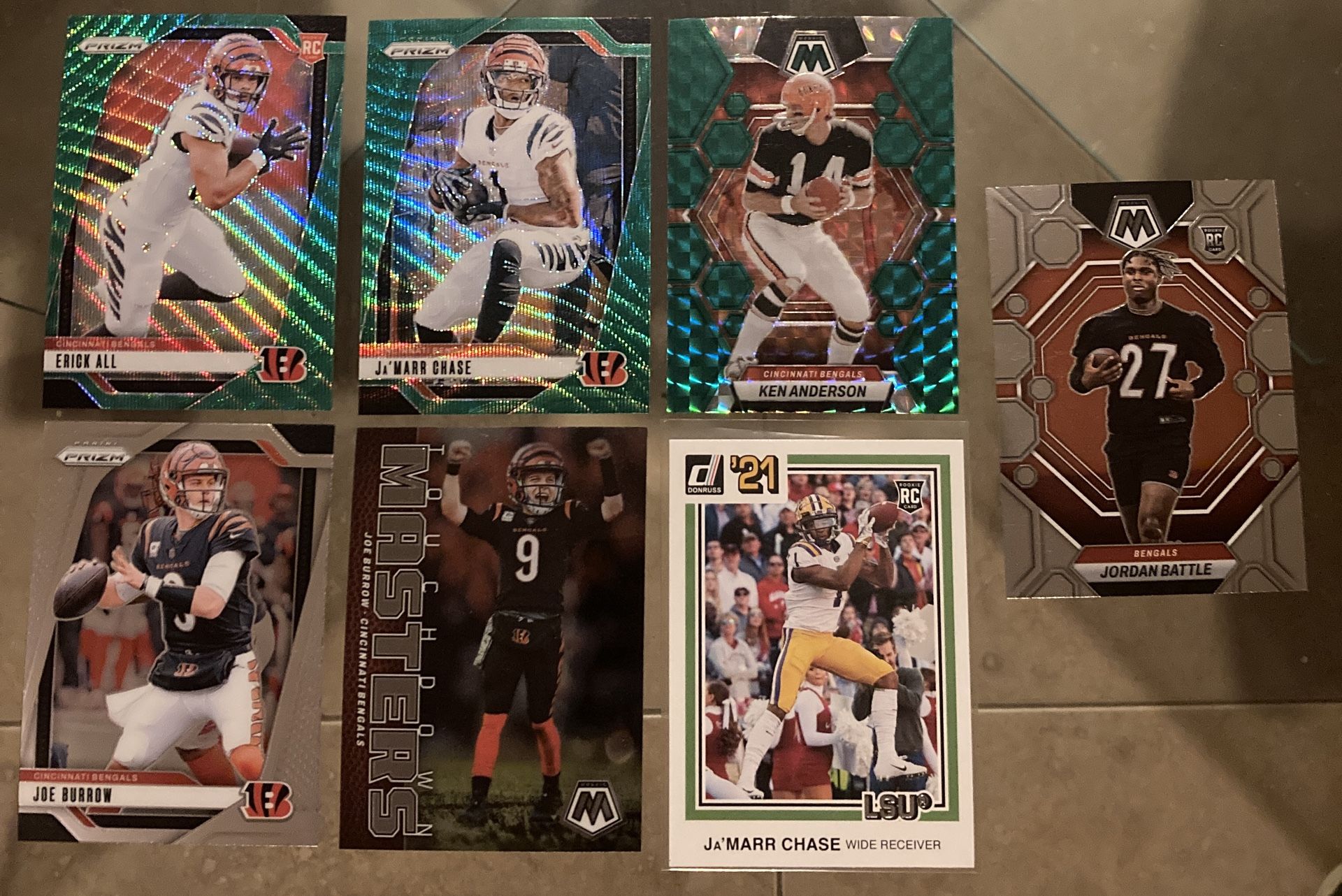 Cincinnati Bengals 7 card lot 2024 Panini Prizm Ja’Marr Chase green wave & rookie , Joe Burrow TD Masters , green mosaic etc.