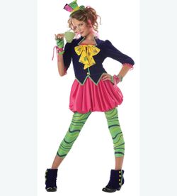 Mad Hatter costume size 11-13 juniors with green and black wavy stripes on leggings #halloween #costume size 11-13 juniors new