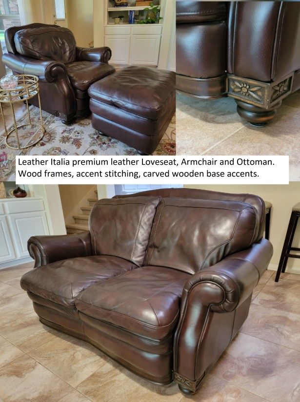 Premium Leather Italia Loveseat, Lounge Chair and Ottoman
