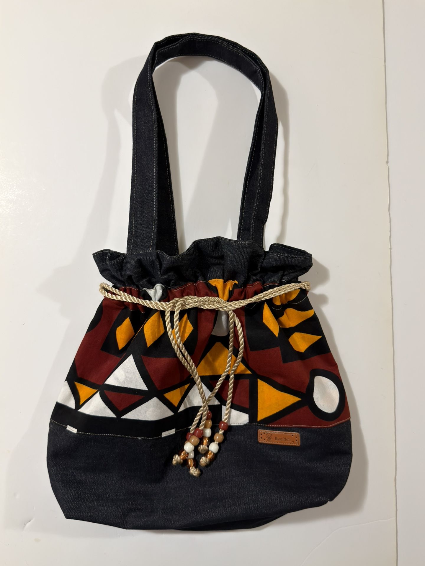 Denim Midnight With Burgundy Yellow White Black Print Medium Drawstring Tote Bag