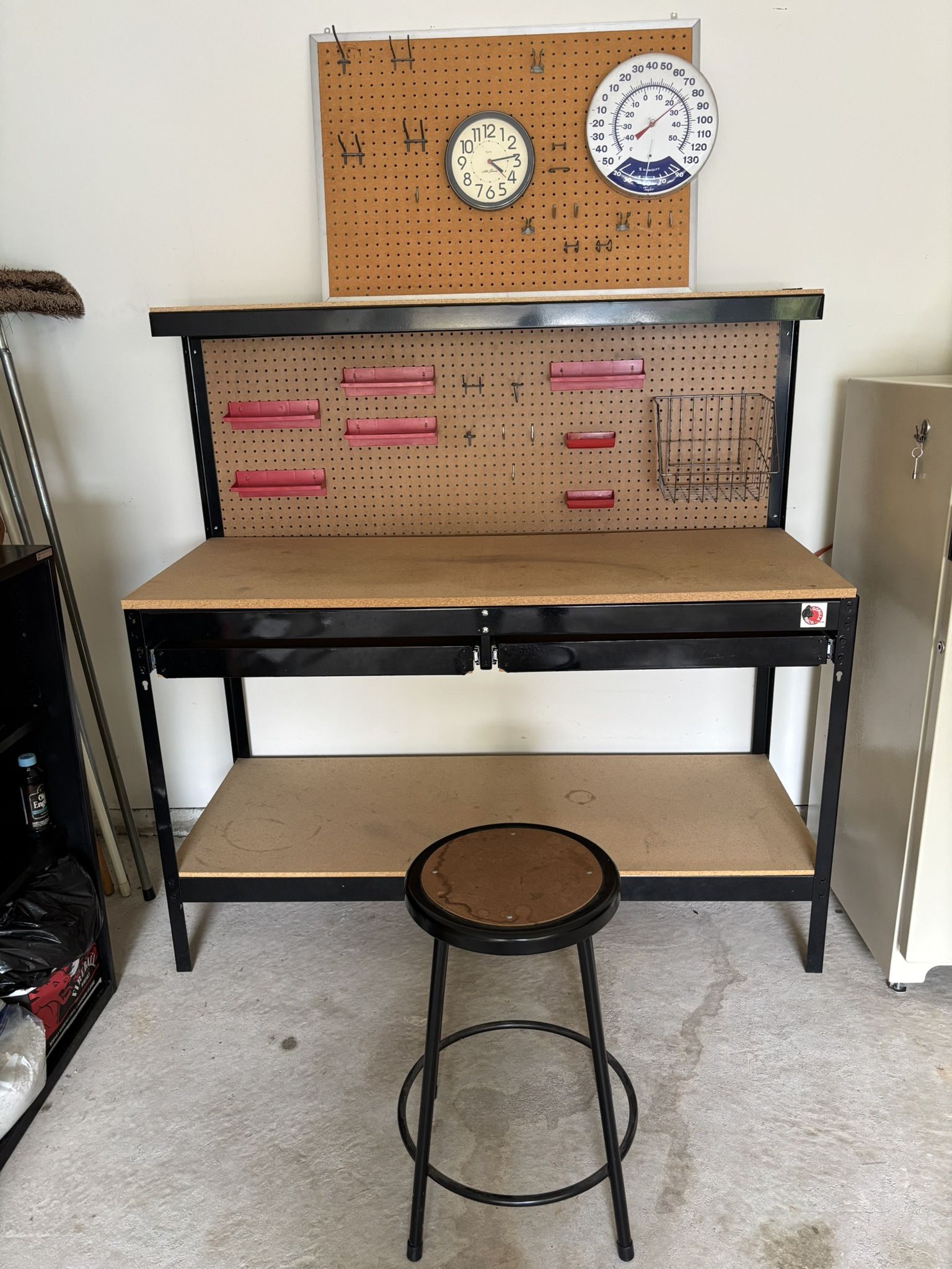 Heavy Duty Steel Gorilla Rack Workbench Garage Workshop Setup, excellent condition. Workbench: 60”W X 25”D, 37”H to work area, 60”H to top shelf, wor