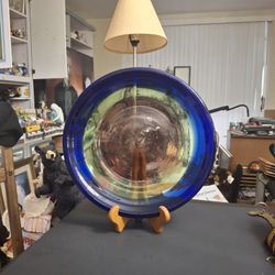 Vintage 90's Postmodern Hand Blown Art Glass Large Decorative Plate Centerpiece-Cobalt Blue Rim W/Amber & Brown Center 15"W X 1.5"H