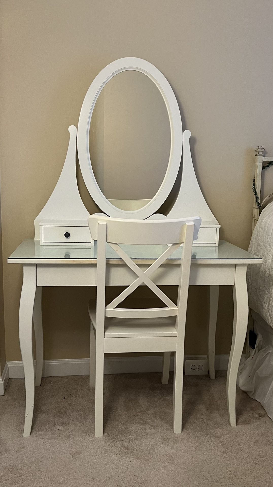 Makeup Table With Glass Top, 3 Drawers, Matching Mirror And Chair