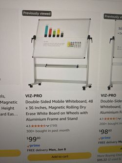 VIZ-PRO Double Sided Mobile Whiteboard 48 x 36 Magnetic Dry Erase on Wheels with Aluminum Frame and Stand
