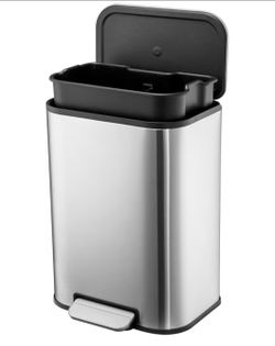 3.2 Gallon/12L Stainless Steel Garbage Can, Small Rectangular Trash Can with Soft Close Lid Foot Pedal & Inner Bucket