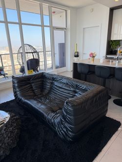 Black Leather Tufted Low-Profile Loveseat Sofa Togo style