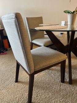 48” Round Glass Dining Table + 4 Upholstered Chairs