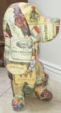 Vintage Wine Label Decoupage Dog Sculpture