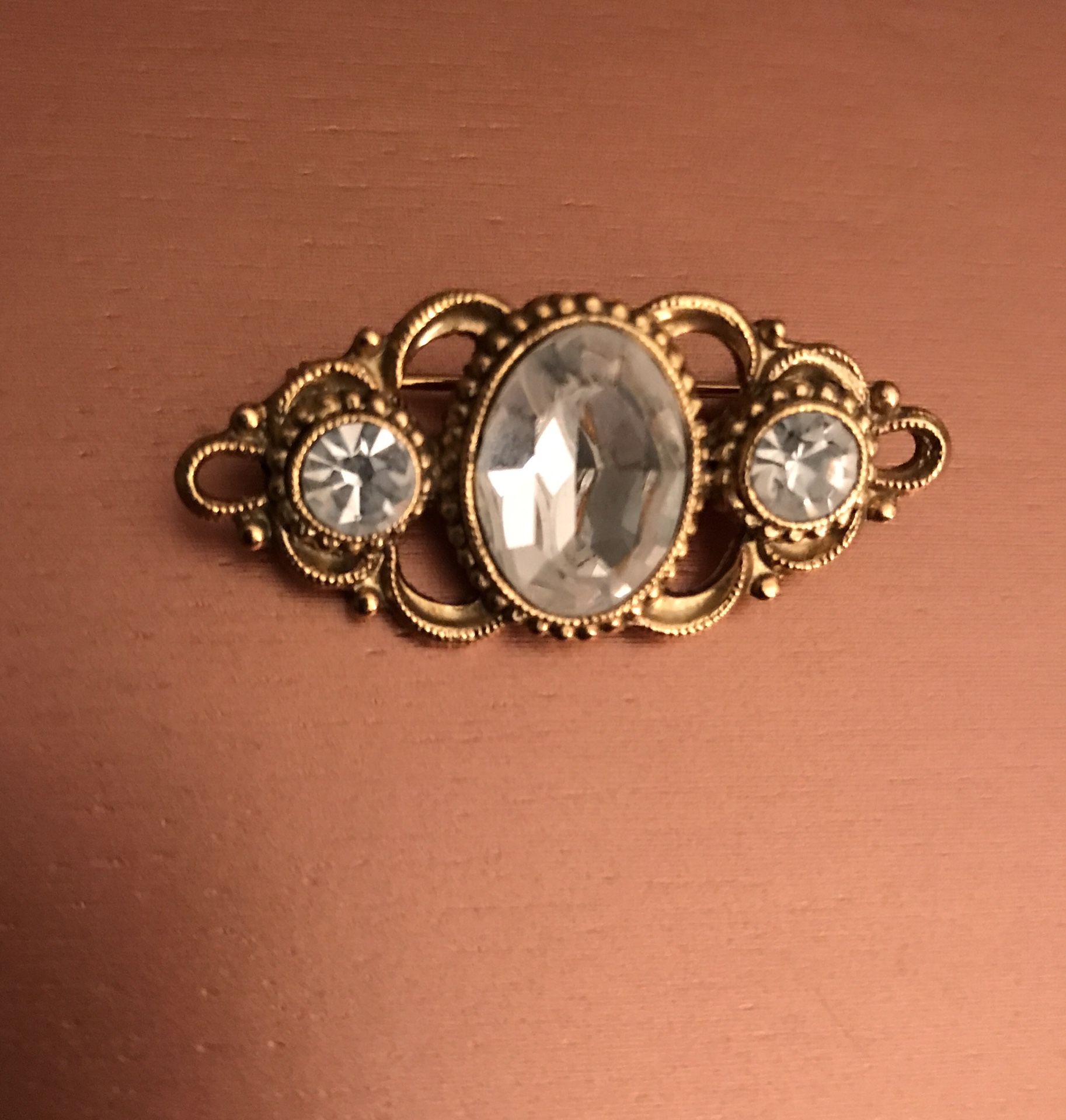 Gold Tone Rhinestones Victorian Style Brooch