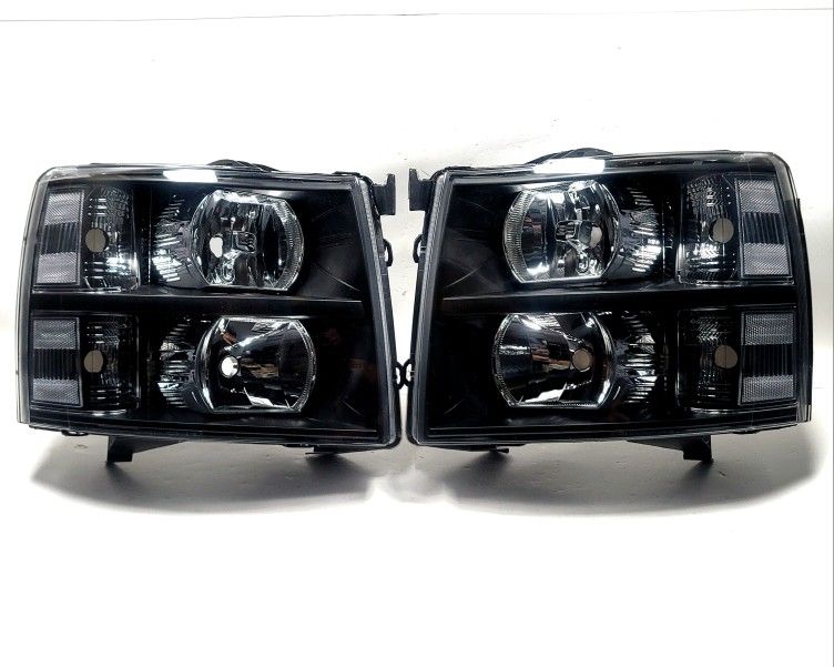 HEADLIGHTS  For 07-14 Chevy Silverado LED DRL Strip Headlight/Lamp Black Housing