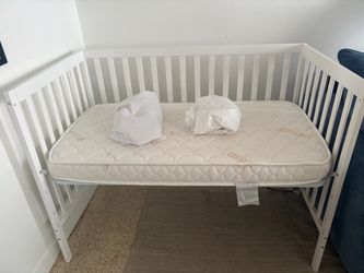 White Wood Baby Crib with Mattress and TWO mattress covers