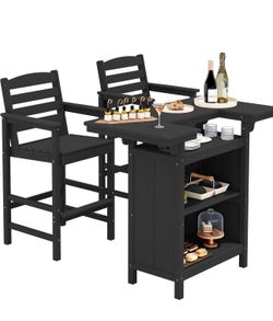 SERWALL Outdoor Bar Table Set (1 Table with 2 Chairs) – HDPE Black Patio Bar Cabinet with 4-Tier Storage & Spacious Tabletop, Perfect for Outdoor, Poo