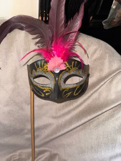 Masquerade Mask with Feathers on Stick