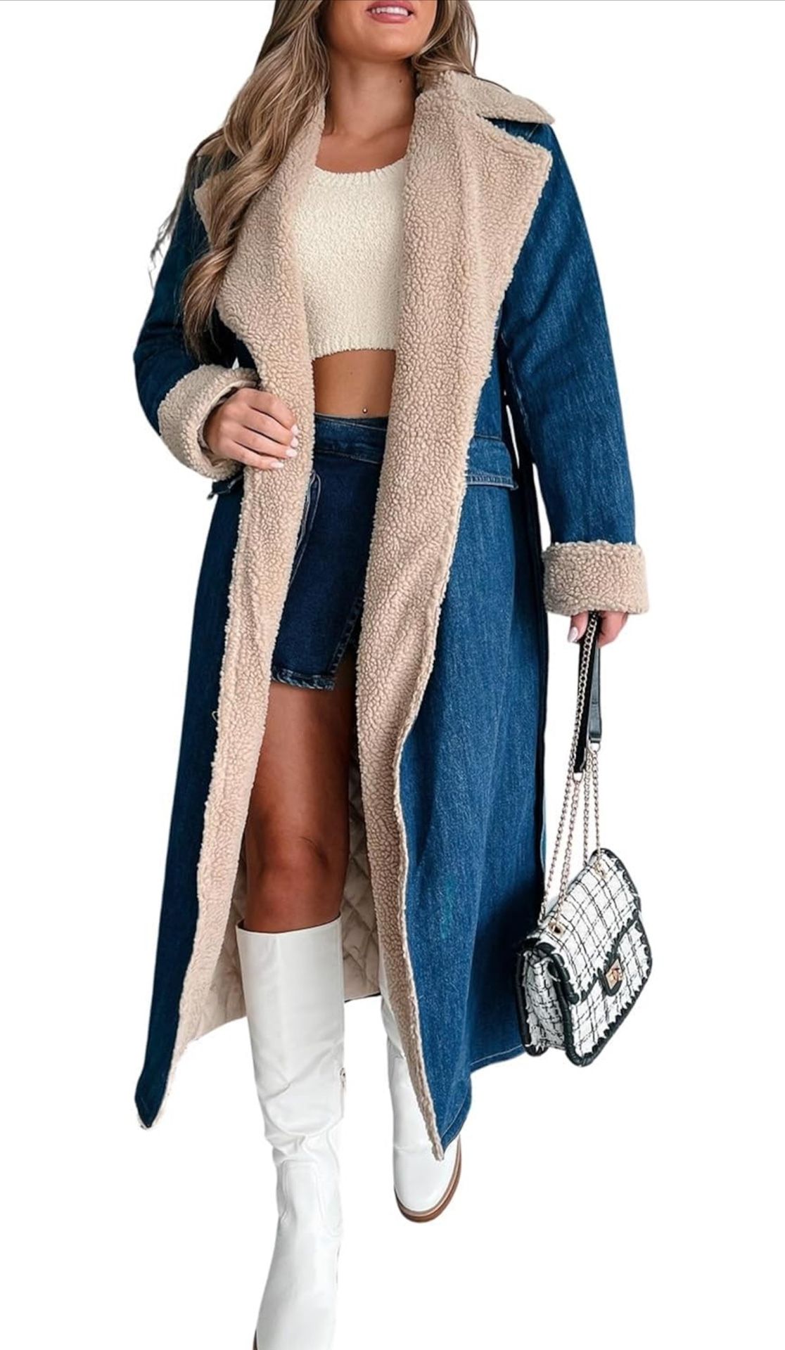 yoeasy Womens Warm Winter Sherpa Fleece Lined Long Denim Coat Windproof Thick Denim Trench Coat with Belt