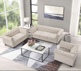 6 Seater Linen Chesterfield Couches, Armchair Loveseat Sofa Set Tufted Couch for Living Room