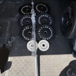 Olympic rubber Olympic weights 230lbs total plus 7ft 45lbs bar