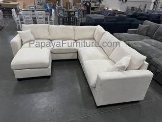 NEW Ivory Fabric Modern Corner Sectional Sofa and Ottoman Set Ashley IKEA Style Beige White Cream Light Grey Black BIG Couch SALE Furniture Clearance